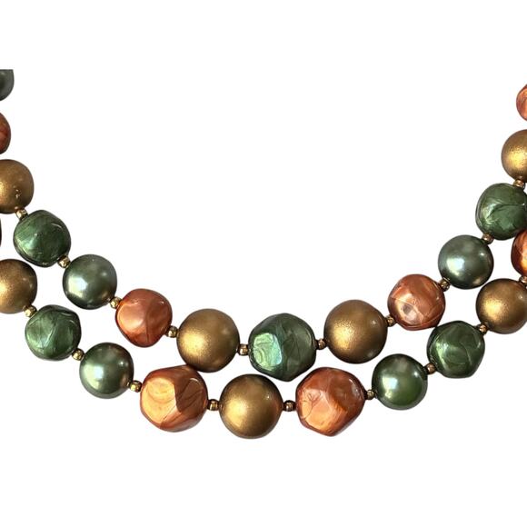 Vintage 1950s 2-Strand Choker Necklace, Metallic Green Peach Gold Graduated Bead - Picture 3 of 6
